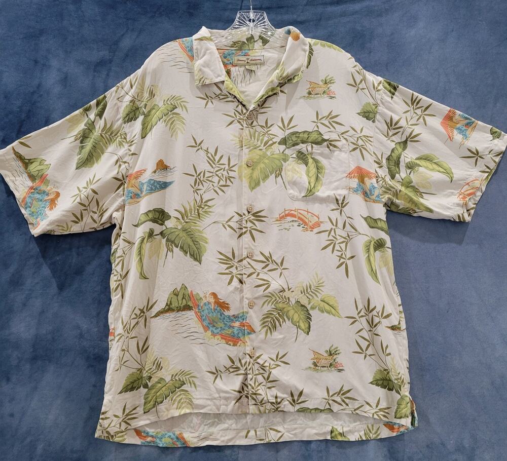 Tommy Bahama 100% Silk Hawaiian Shirt Mens XL Blue Green Floral AOP Vintage